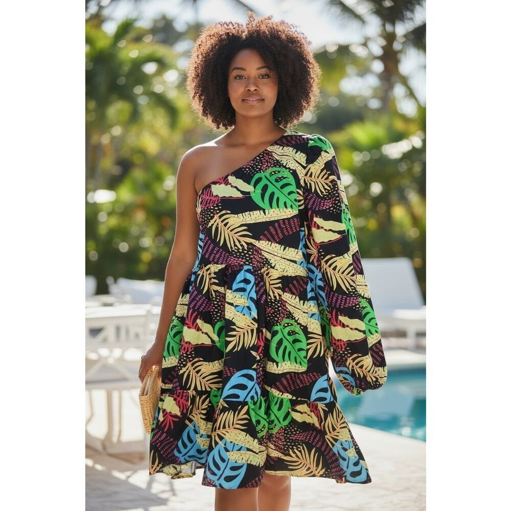 Forever Tropical Palm One-Shoulder Puff Sleeve Tiered Dress Vacay Resort 3XL